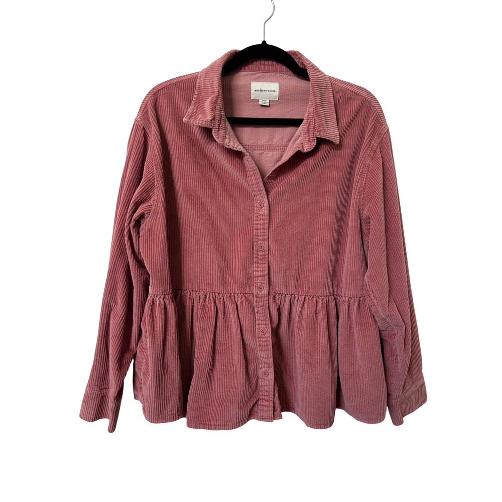 American Eagle Pink Corduroy Peplum Button Down Shirt Womens Medium Long Sleeve